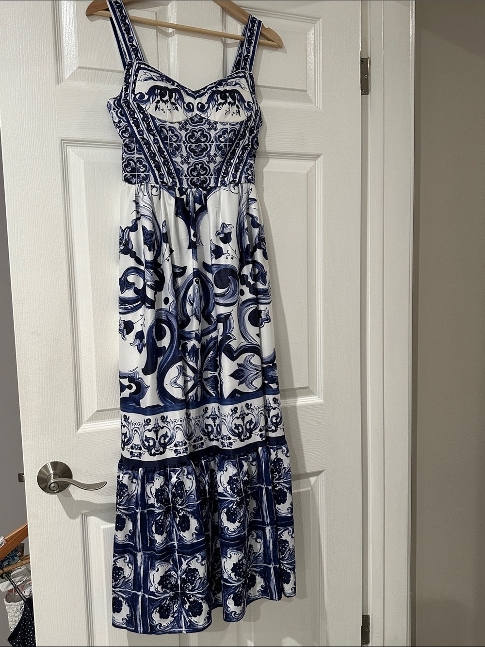 Navy and White Printed Maxi Dress with Wide Straps